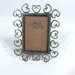 Pewter Picture Frame Hearts 3.5" x 5" Open Work Vintage Retro Back Stand